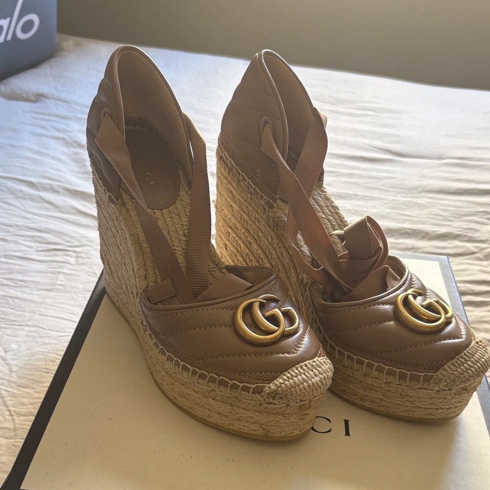 Gucci Tan Espadrille Wedge Sandals